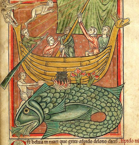 an illustration from the middle ages. a fanciful whale with a sailor building a fire on its back